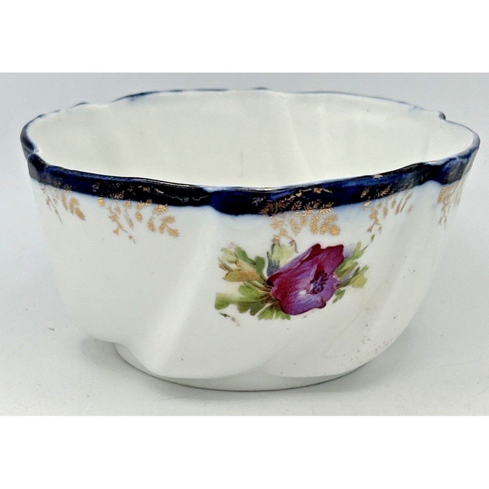 ANTIQUE SIGNED HAND PAINTED SERVING BOWL COBALT & FLOWERS 4 5/8 x4 5/8 x 2 1/4